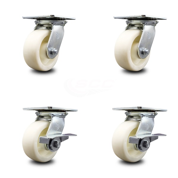 5 Inch Nylon Swivel Caster Set with Roller Bearings 2 Brakes